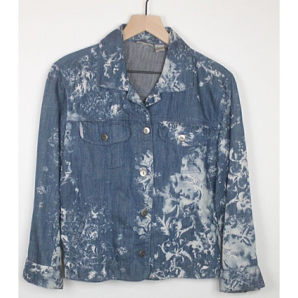Chico's Women Floral Denim Jeans Jacket Size 0 Blue Button Up NOWT